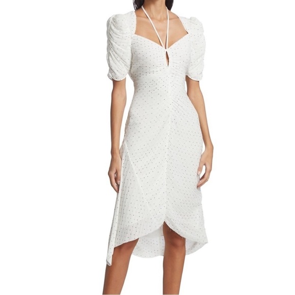 Frame Denim Dresses & Skirts - Frame Ruched Tie Neck Polka Dot Midi Dress Size Small